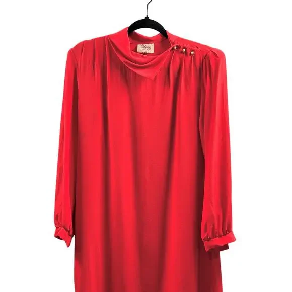 Vintage 80s SILK Elegant Red Cowl Neck Shift Dress Minimalist Old Money 7/8 - Picture 6 of 10